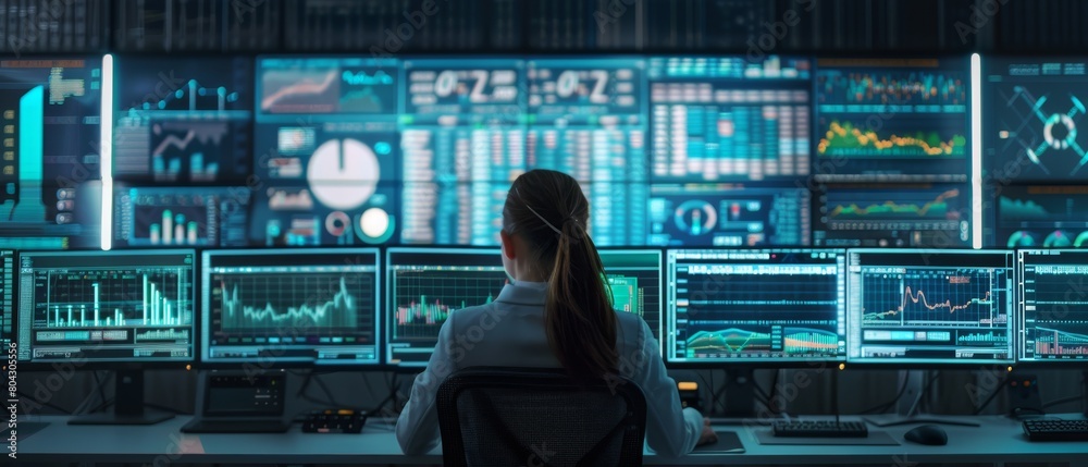 Poster the scene shows a female software engineer working in a modern monitoring office with live analysis 