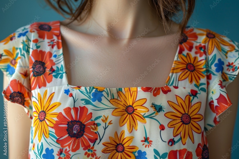 Poster A woman is standing wearing a floral print top