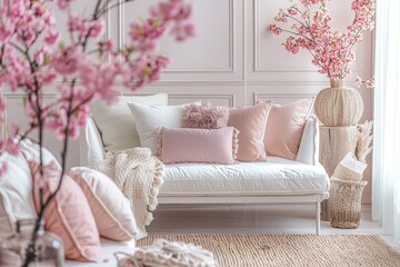 White Couch and Vase With Pink Flowers