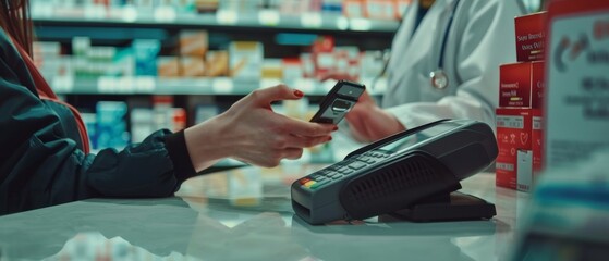 A pharmacist at the pharmacy's cashier counter handles a customer using a contactless payment terminal and an NFC smartphone. This is a close-up of a customer using the terminal to buy prescription