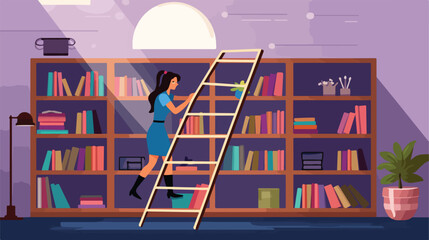 Young woman on stepladder cleaning bookshelf 
