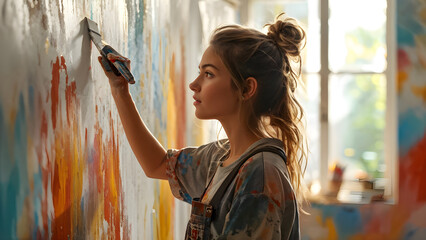 Beautiful woman concentrating on painting art on the wall in her art room - Powered by Adobe
