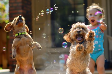 A playful child blows soap bubbles excitedly as their dog excitedly jumps and tries to catch.
