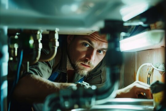 A plumber fixing a leak under a sink.