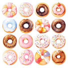 A collection of donuts with various toppings, including sprinkles, and chocolate.