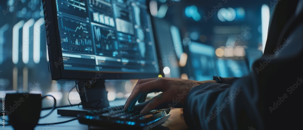 Poster professional office specialist working on desktop computer in modern technological monitoring contro