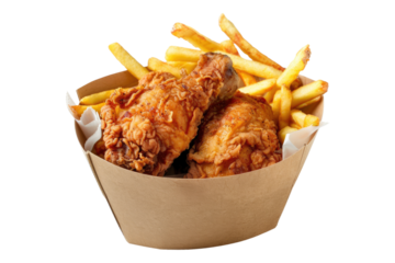 Fried chicken with French fries in a bucket Isolated on transparent background