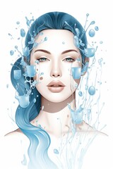 A woman with blue hair has water droplets on her face, showcasing her skincare routine and the refreshing feeling of hydration. The water adds a dynamic element to the image