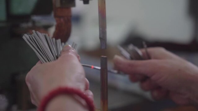Factory production of heating element wire. Heating exchanger workshop. Mass factory production.