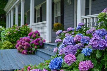 Hydrangeas Purple and Blue Flowers on a Porch