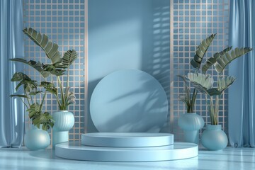 Blue Room With Round Mirror and Plants