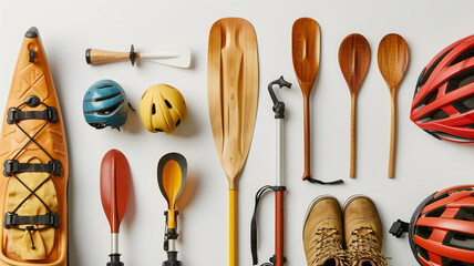 Arrangement of outdoor adventure gear including kayaks, helmets, paddles, and hiking boots neatly displayed against a white background.