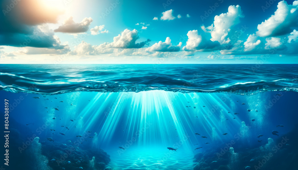 Poster Sunlit ocean surface with underwater view of a coral reef ecosystem. Digital art. Generative AI