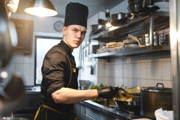 Male chef working at commercial kitchen counter