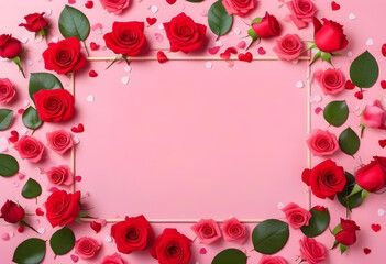 A white frame made of pink rose petals with red small hearts around on a pink background