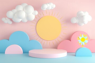 Pink Wall With Clouds and Sun 3D Rendering