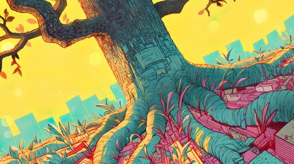 A tree, roots, standing tall, symbolizing environmental activism and resilience, growing amidst a cityscape Realistic, natural lighting, golden hour, lens flare, Dutch angle view