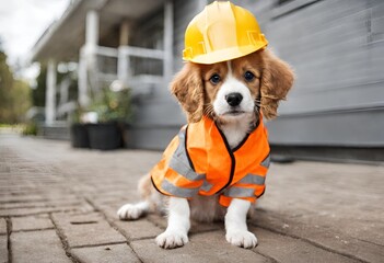 Perrito con casco de construcción