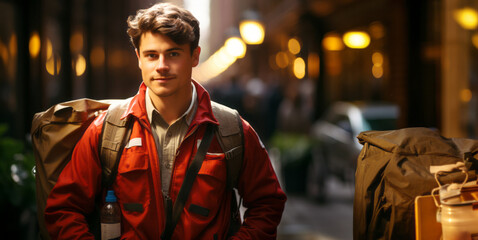 Obraz premium Young man with a red jacket and backpack smiling while delivering packages in a city alley. Generative AI