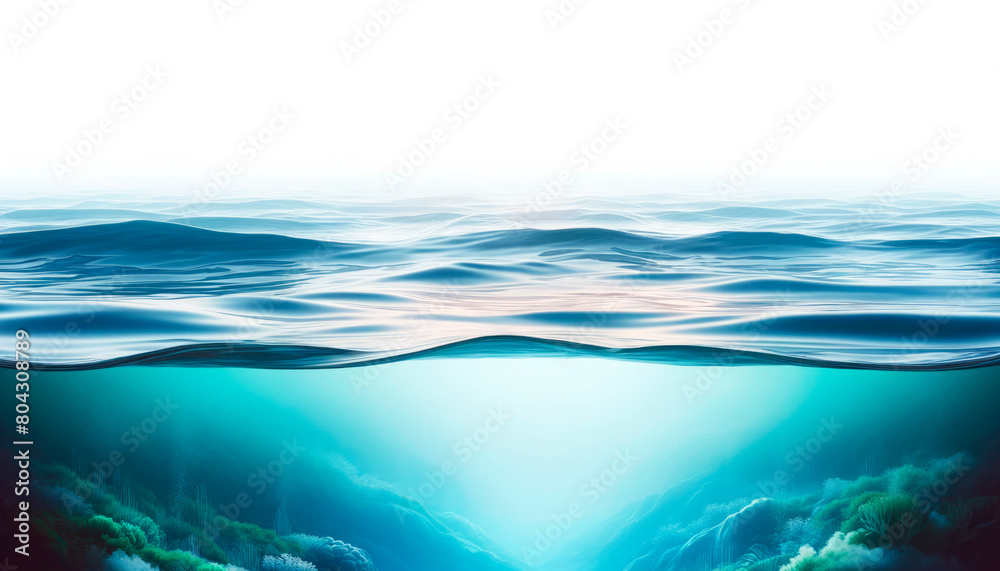 Poster Calm ocean scene at twilight, split view above and below water. Generative AI