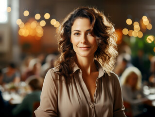 An attractive woman with curly hair gazes confidently in a bustling cafe environment. Generative AI