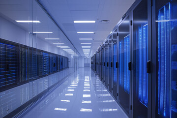 Fototapeta premium Network servers standing in a row inside a data center.Computer server room.
