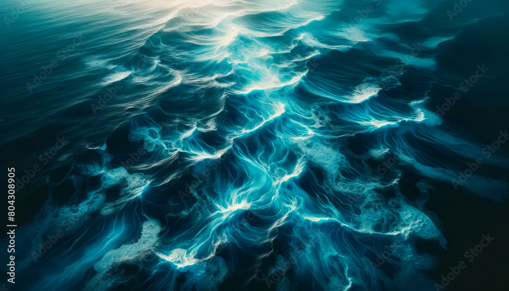 Poster a digital artwork of stylized ocean waves with a glow effect on a dark blue background, evoking a co