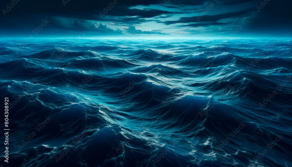 Poster a vast ocean with tumultuous waves under a stormy sky, illustrating the power of nature, set against
