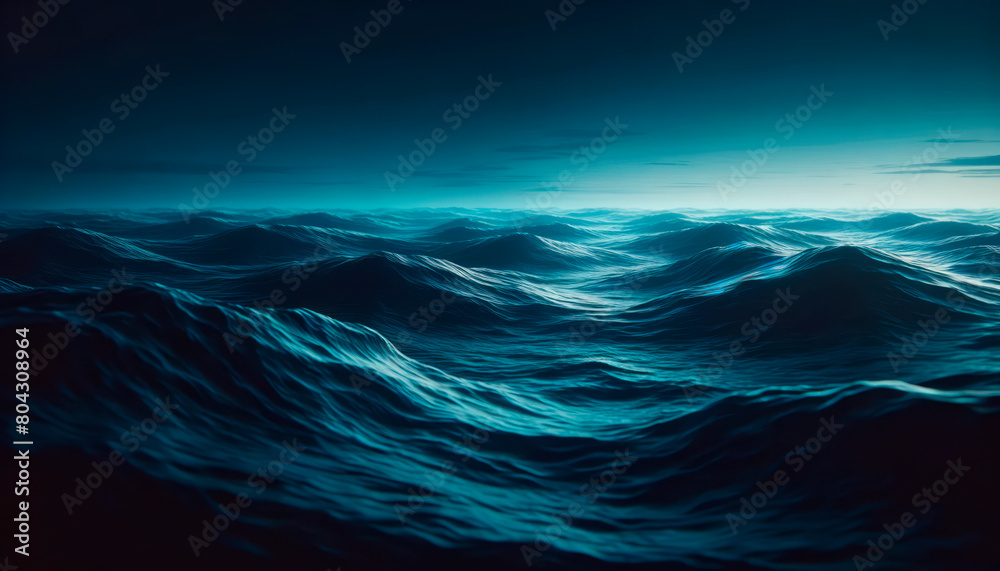 Poster An image of a dark, stylized ocean with dynamic waves on a deep blue background, capturing the concept of nature's power. Generative AI