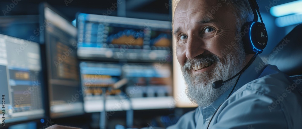 Poster a bearded happy senior technical support employee uses a headset while working on a computer. he smi