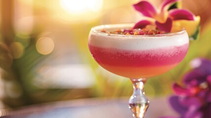 A mocktail inspired by tropical flavors with a colorful and elaborate garnish transports guests to a faraway beach destination. - obrazy, fototapety, plakaty