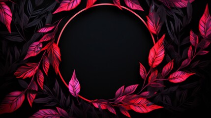 a black background with an image of leaves above a pink neon circle
