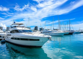Luxury Yachts Moored in Serene Marina under Clear Blue Sky