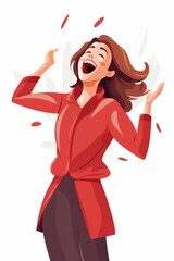 Fototapeta premium A woman is standing in front of a plain white background, throwing her head back in laughter. Her expression is joyful and carefree, capturing a moment of genuine happiness