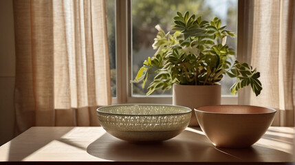 Two empty bowls and houseplant on the table next to the window, home decor concept.