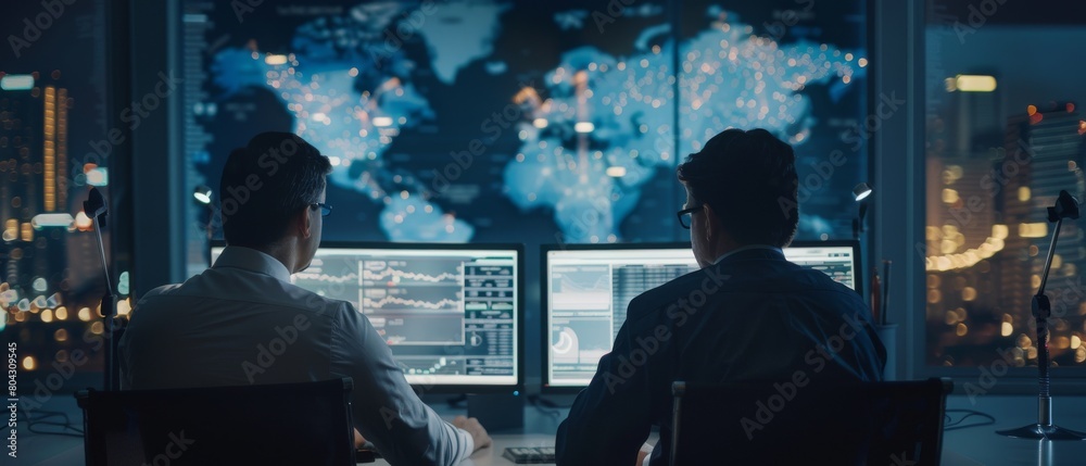 Poster Employees sit in front of displays with financial stock market trading info and big data with two specialists working on a computer.