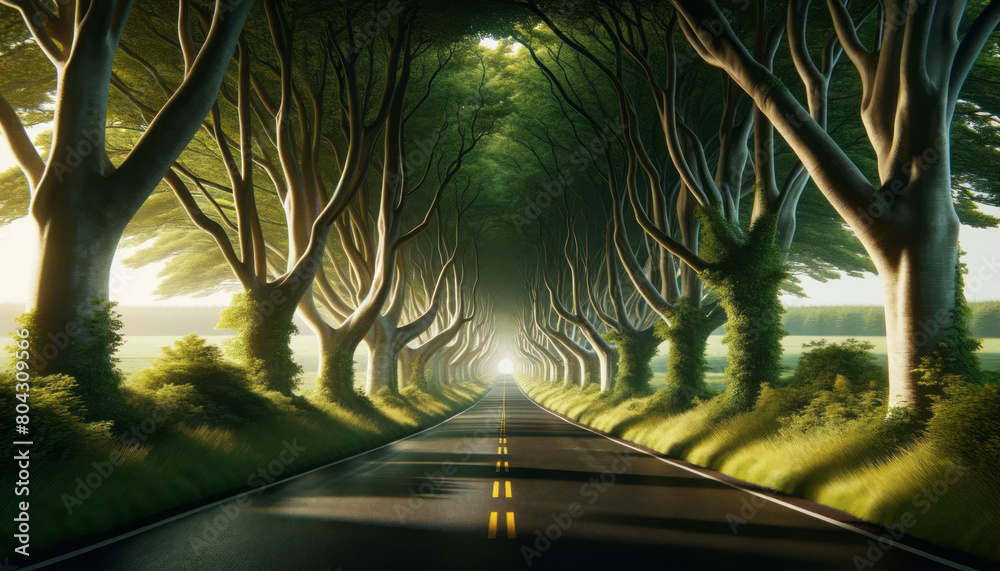 Poster a sunlit road passing through an avenue of majestic, intertwining trees on a lush background, embody