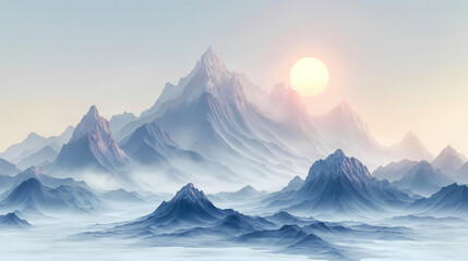 Fantasy alien planet. Mountain and sunset. 3D illustration.