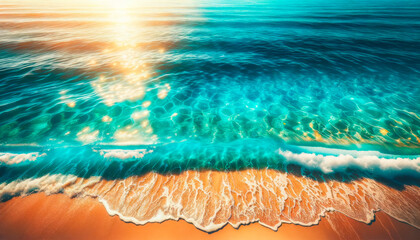 Obraz premium Sparkling ocean waves meeting a sandy beach under a sunlit sky, with a vibrant, photorealistic style on a warm-colored background, depicting a summer beachscape. Generative AI