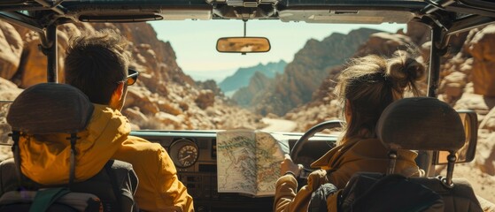 In a desert canyon, an enthusiastic couple chooses their path with a map while riding an off-road SUV. Amazing scenery. Back view shot.
