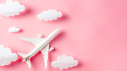 Paper airplane and clouds on a pink background, flat lay, travel concept. Generative AI