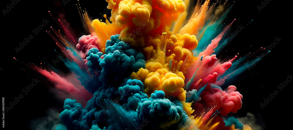 Poster colorful ink clouds merging on a dark background, creative concept of dynamic movement, generative a