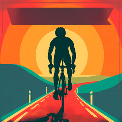 Illustration of a cyclist silhouette on a scenic road at sunset. Copy space for text. Concept of health promotion, cycling benefits, heart health awareness