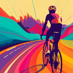 Cyclist racing against a vibrant sunset backdrop. Concept of outdoor sports, adventure cycling, and nature exploration