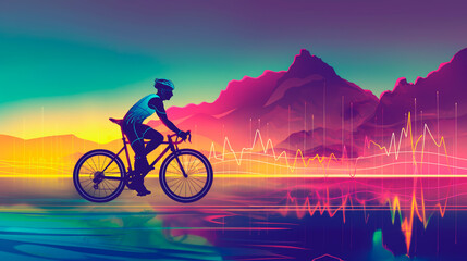 High-tech cycling dashboard display with mountain landscape. Concept of sports technology, fitness tracking, heart health and outdoor cycling