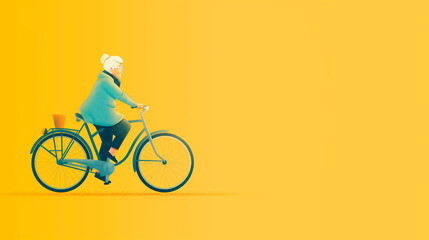 Banner with illustrated elderly woman cycling on a bright yellow background. Copy space. Concept of active aging, cardio health, exercise promotion