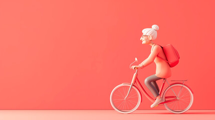 Banner with illustation of senior woman riding a bicycle on a vibrant coral background. Copy space. 
Concept of active lifestyle, fitness in old age, leisure activities