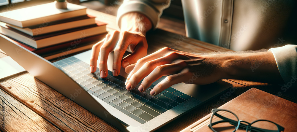 Poster close-up of hands typing on a laptop with books and eyeglasses on a wooden desk, conceptualizing wor