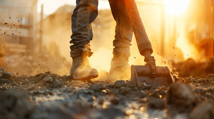 Construction worker using a jackhammer, construction site in the background