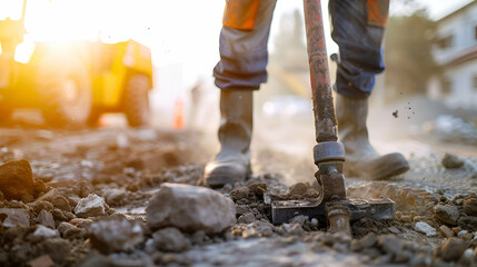 Construction worker using a jackhammer, construction site in the background
